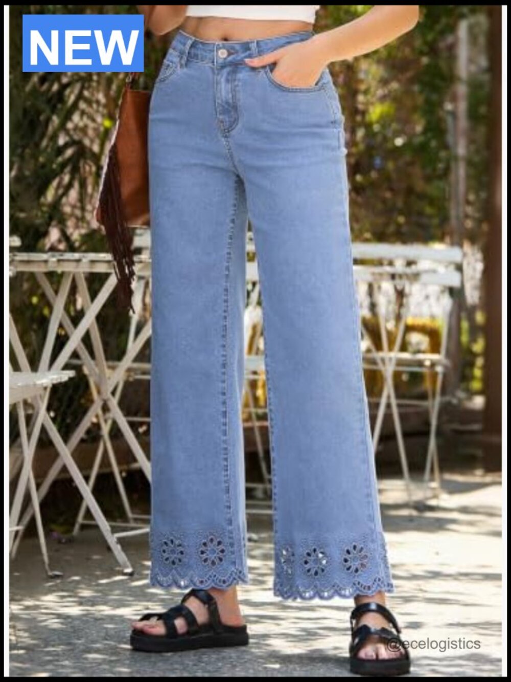 Wide Leg Embroidered Jeans High Waisted Stretchy Straight Leg Loose Fit Ankle - Picture 5 of 7